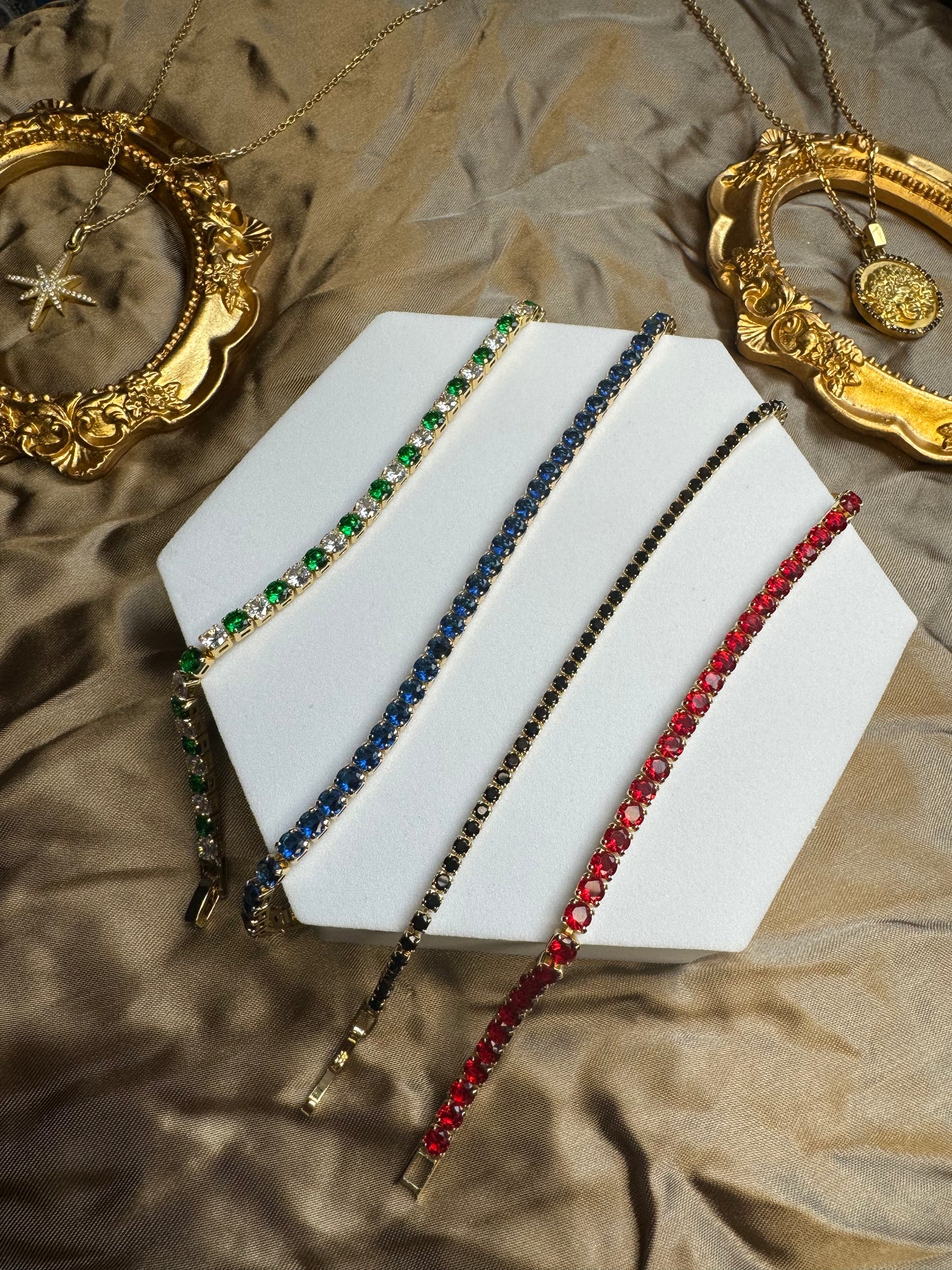 Clover Dotted Tennis Bracelet, Bahama Blue Tennis Bracelet, Nebula Black Skinny, Ferrari Red Tennis Bracelet